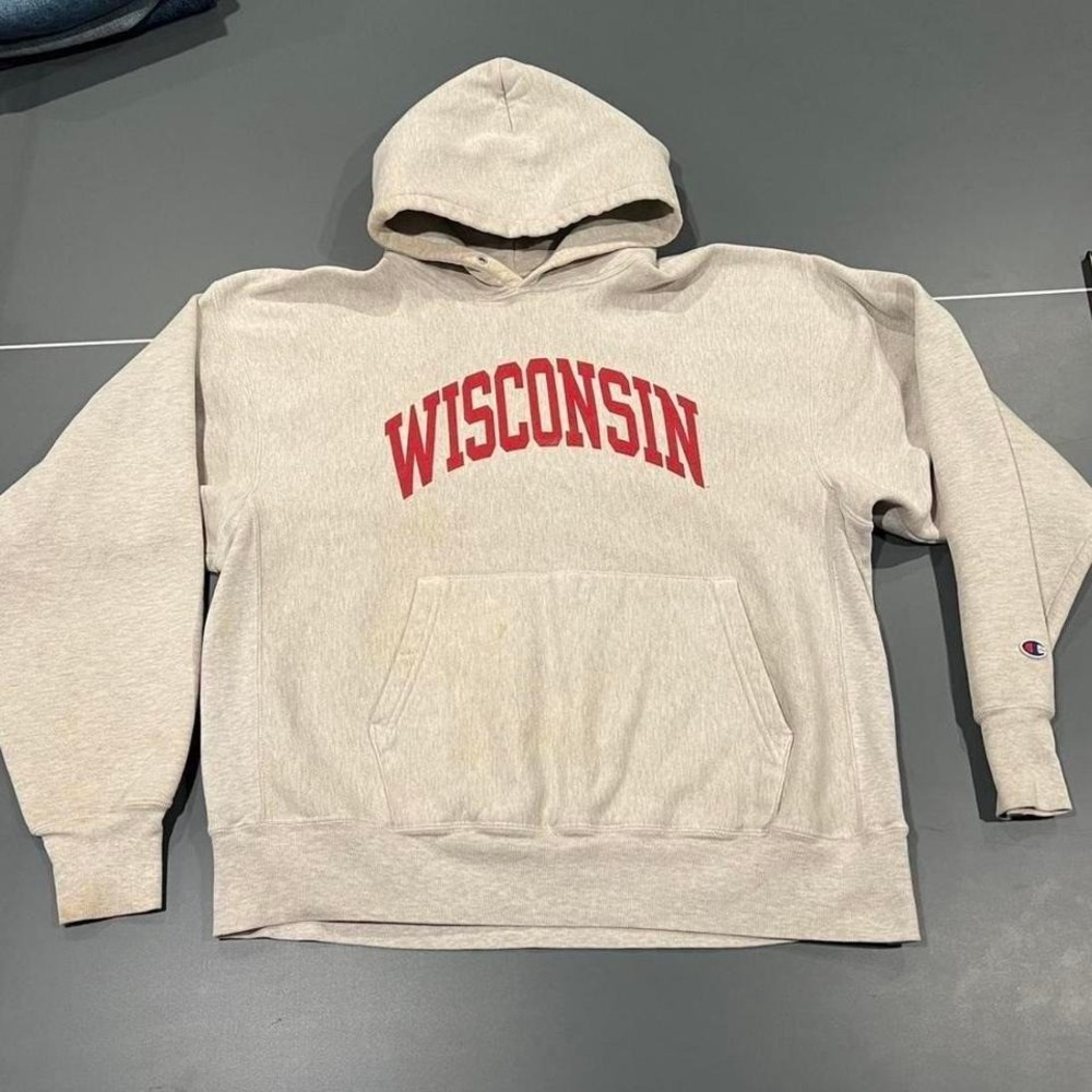 Vintage 2000s Champion Wisconsin Reverse‎ Weave Hoodie XL Oatmeal Heather Red